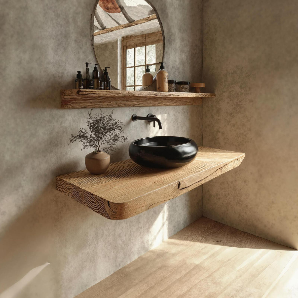 Rustic Floating Shelf, Natural Live Edge Solid Wood Bathroom Vanity Countertop, Single Sink Console Shelf