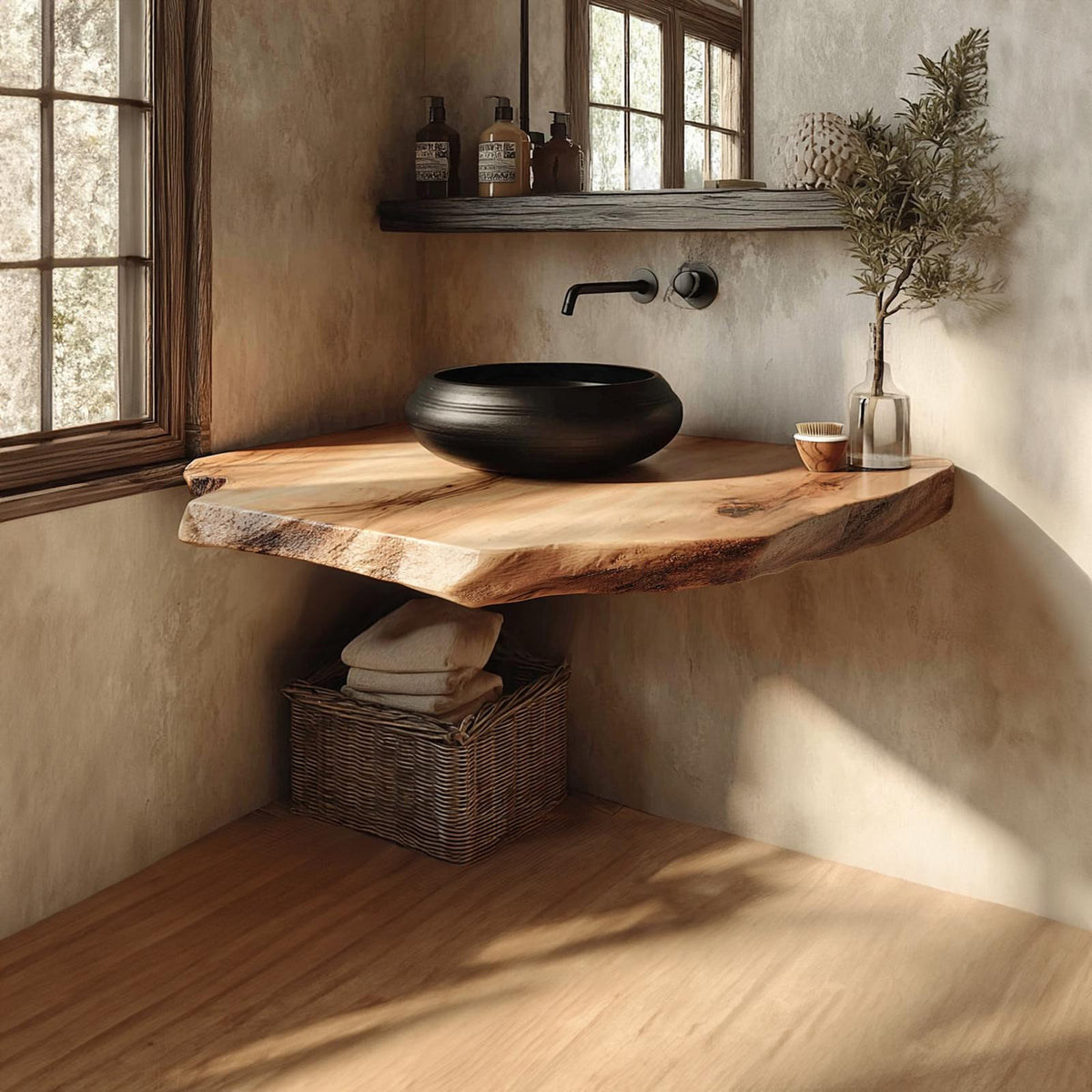 Mid Century Live Edge Wood Floating Shelf, Powder Room Vanity Natural Solid Wood Wall Shelf, Model