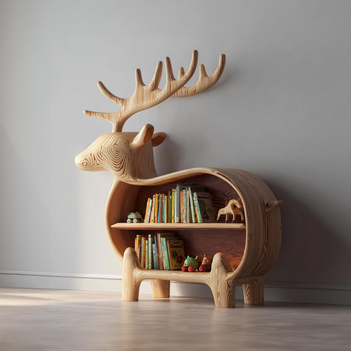Spry Interior Rustic Wooden Deer Bookshelf, Creative Animal Shape Kids Bookcase, Solid Timber Nursery Display Storage Cabinet SINLKISC103