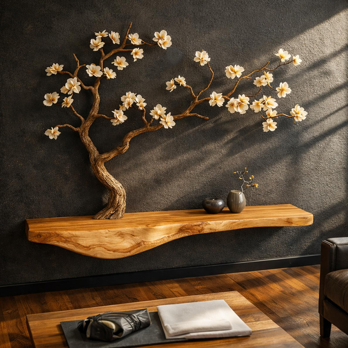 Rustic Tree-Inspired Solid Wood Wall Shelf, Organic Branch Decor Storage Unit for Japandi Style Rooms