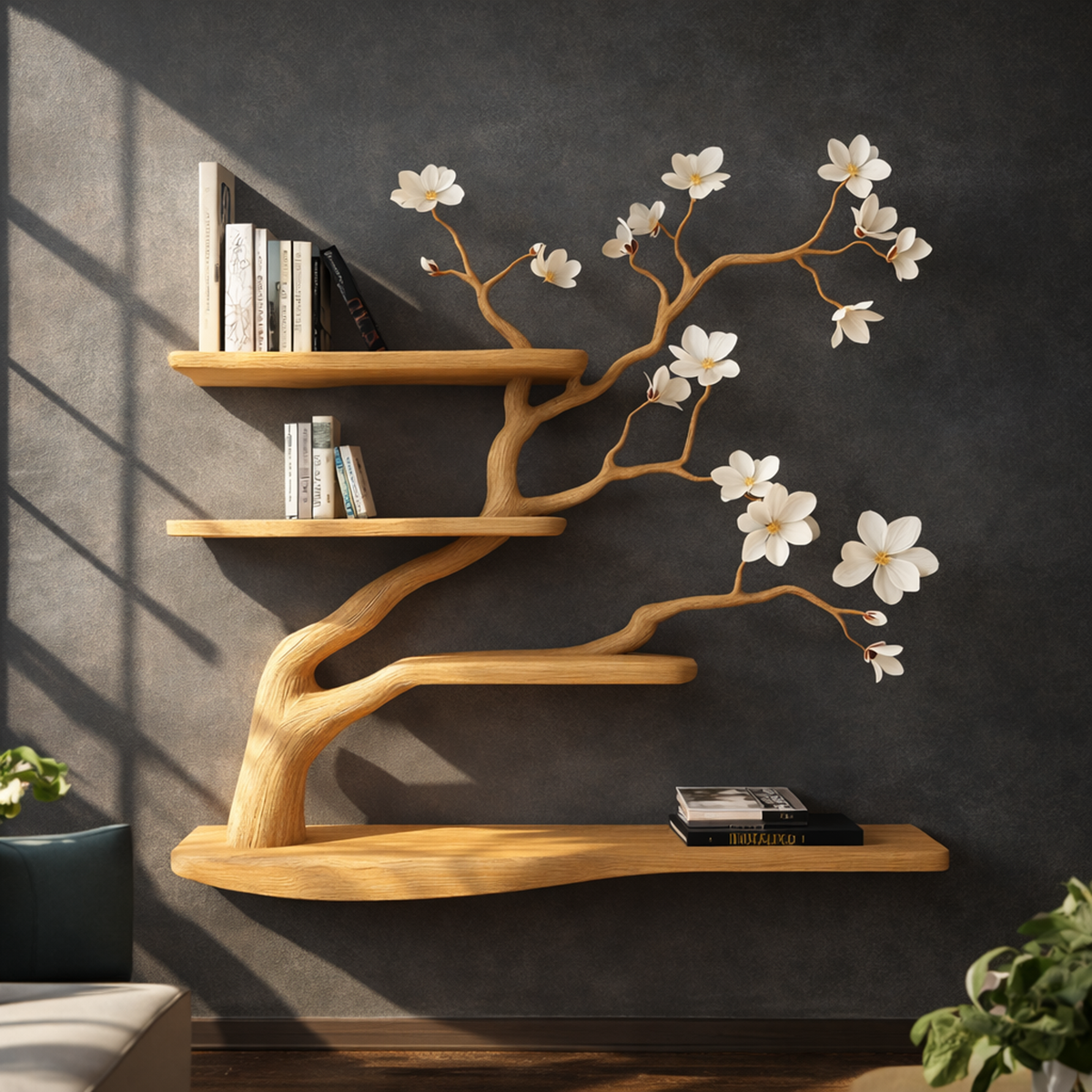 Rustic Branch Style Tree Bookshelf, Wall Mounted Hardwood Decorative Storage Rack for Modern Living Room