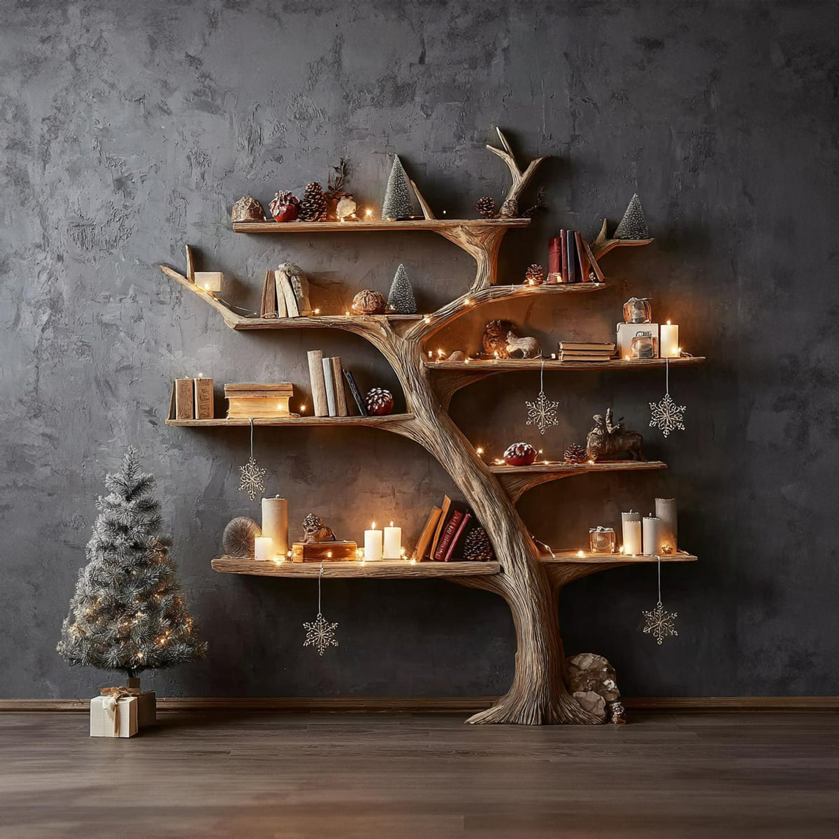 Rustic Tree Bookshelf Holiday Living Room
