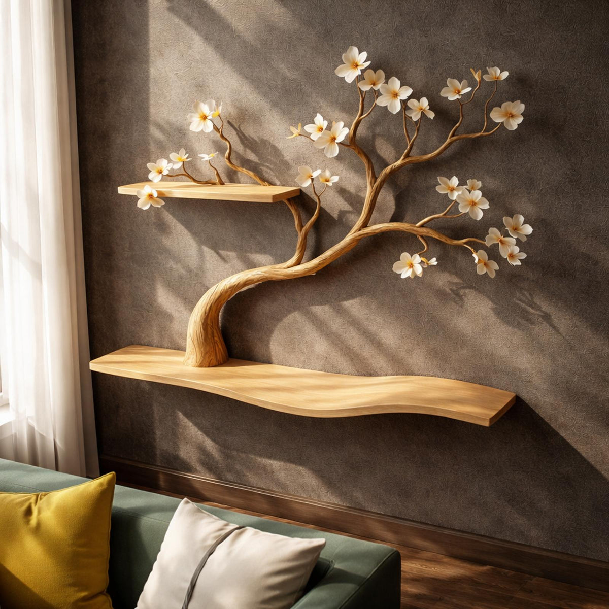 Rustic Tree Shelf, Wall Mounted Wood Branch Play Climber & Steps for Cats, Living Room Accent Shelving