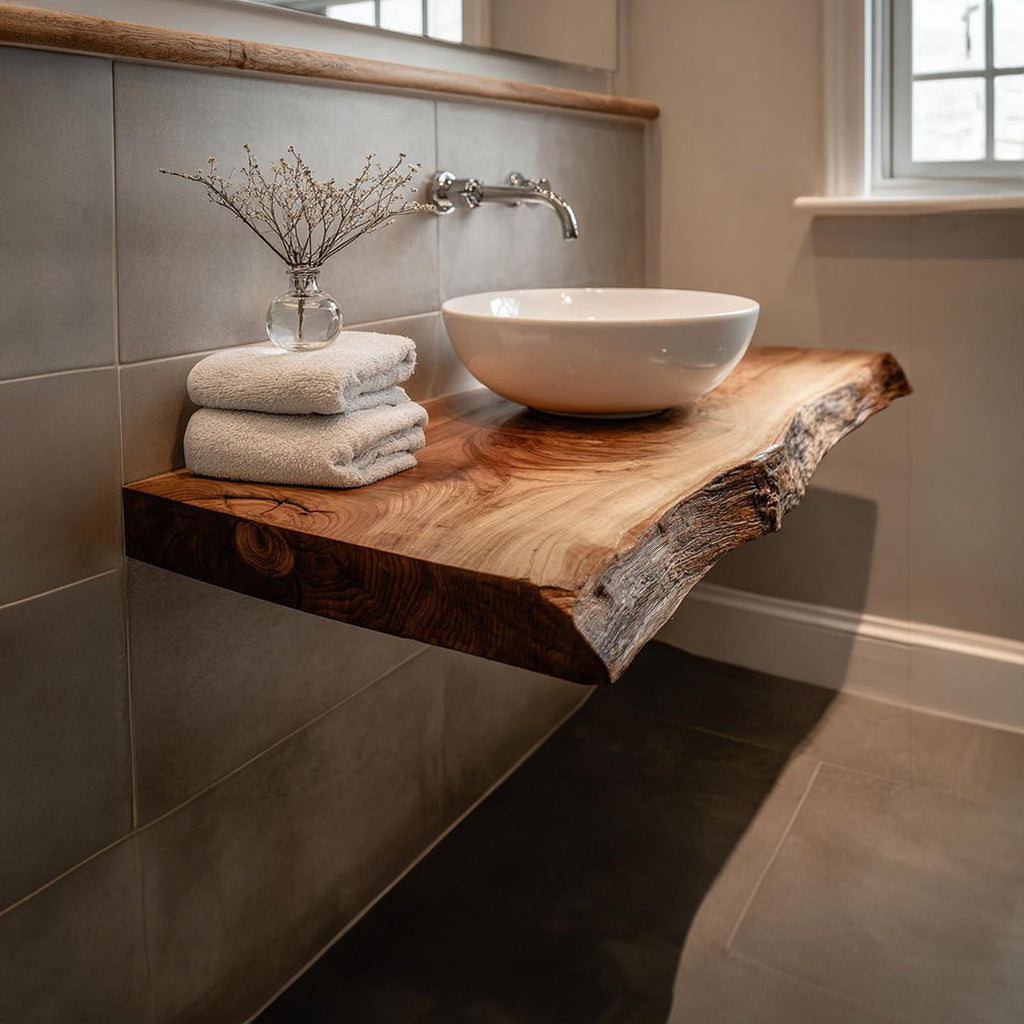 Teezano Rustic Live Edge Floating Shelf, Washroom Natural Solid Wood Wall Mounted Storage Shelf, Model SINLKIBRV165
