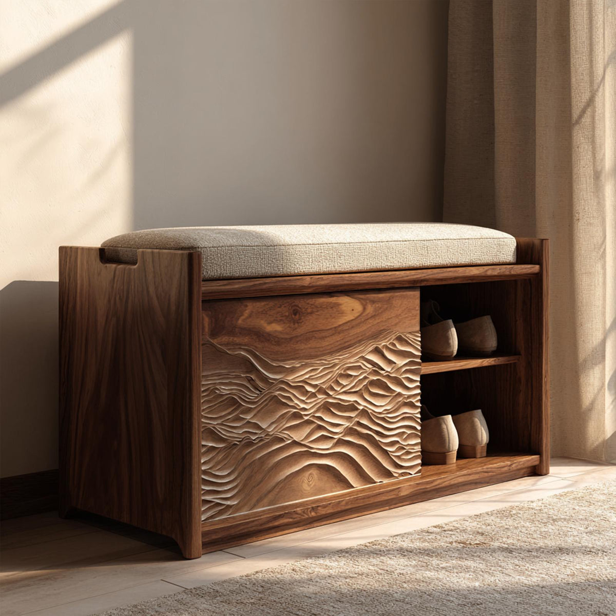 Rustic Sculptural Storage Bench, Handcrafted Wood Entryway Seating & Toy Box Chest
