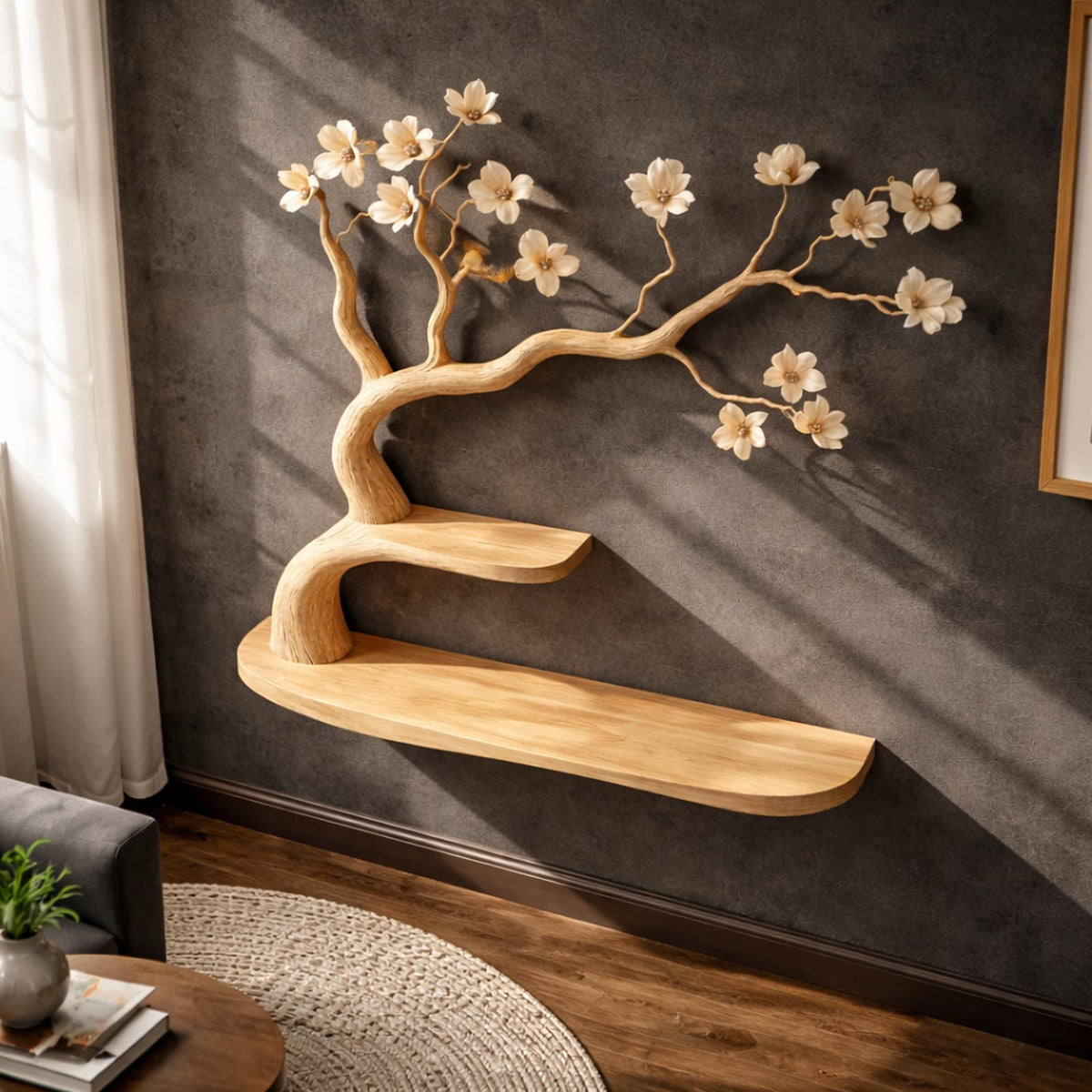 Rustic Artistic Tree Bookshelf Wall Decor, Handcrafted Wood Branch Library Storage Shelf for Reading Nook