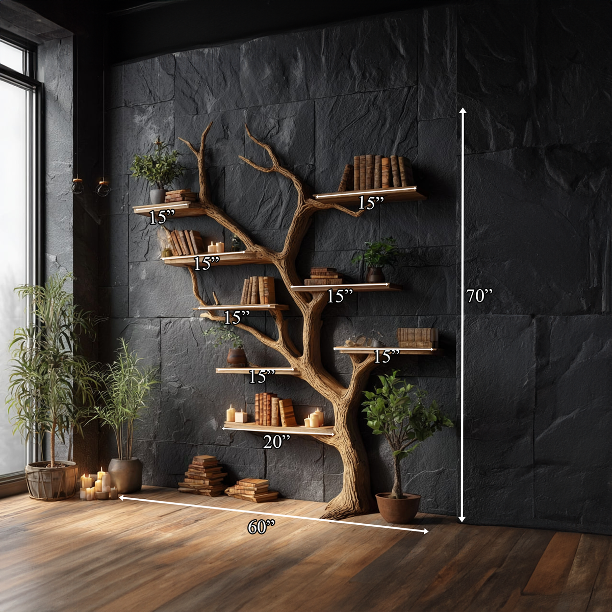 Rustic Tree Wall Shelf, Solid Wood Floating Bookcase & Creative Branch Hanging Organizer for Home Library & Study