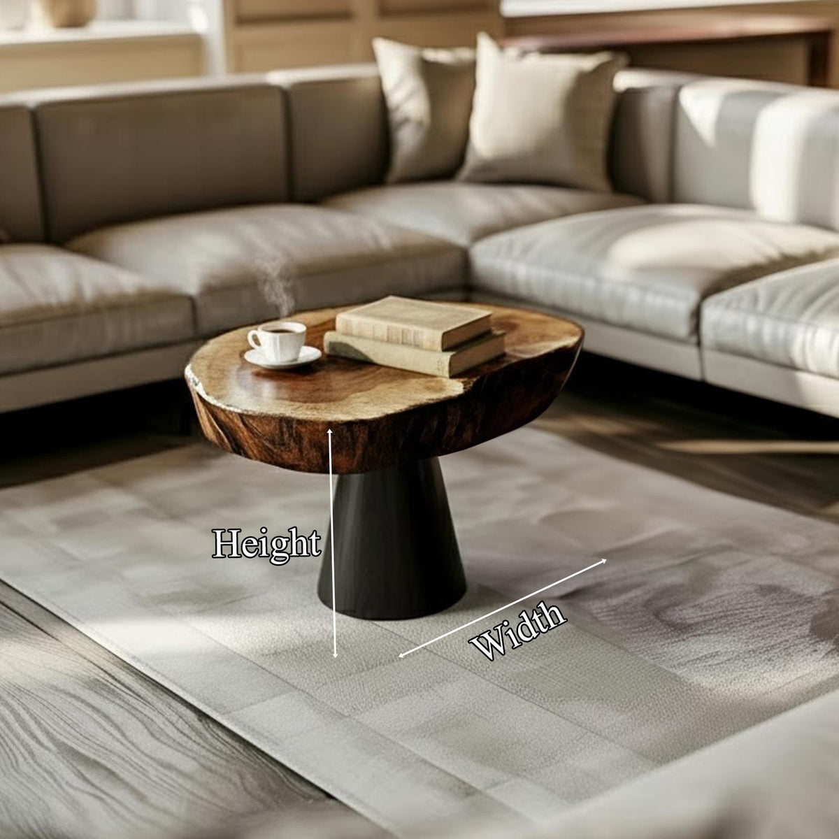 Live Edge Solid Wood Coffee Table with Black Metal Base, Rustic Industrial Living Room Center Accent Table