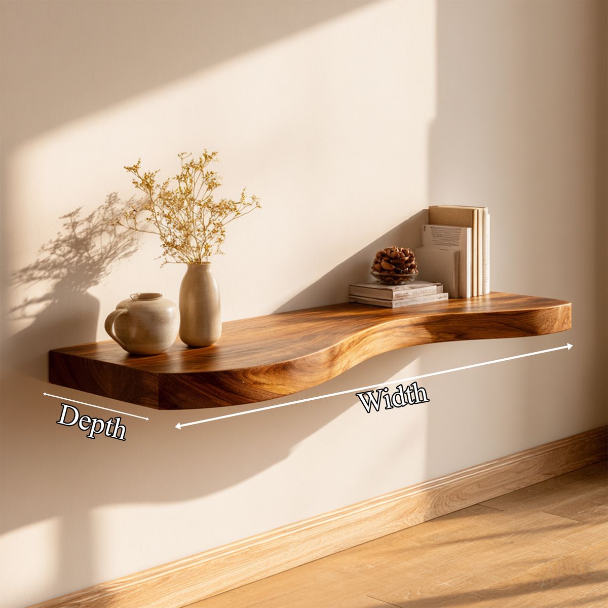 Rustic Solid Wood Floating Shelf, Minimalist Wall Mounted Display Ledge for Living Room, Bedroom & Bathroom Decor