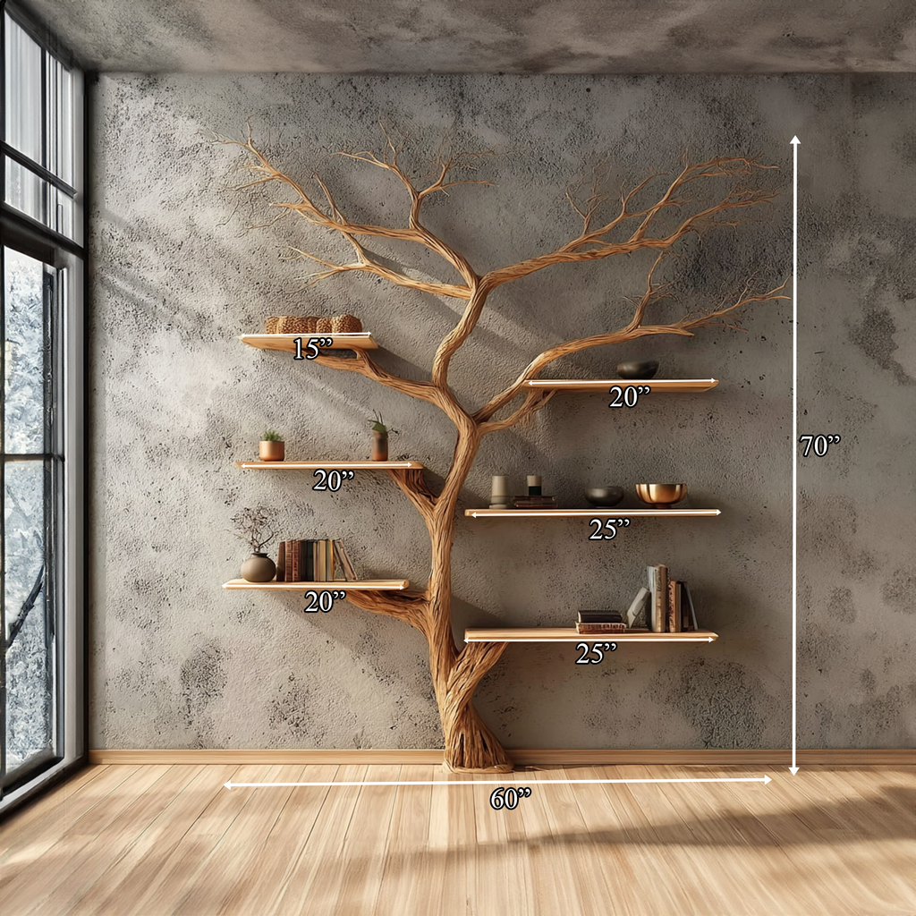 Rustic Tree Bookshelf, Solid Wood Wall Mounted Bookcase & Creative Floating Branch Display Shelf for Bedroom & Study