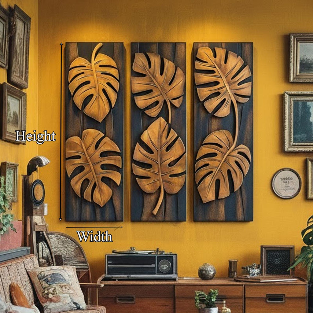 Tropical Monstera Carved Solid Wood Wall Art Panel Set Interior Decor