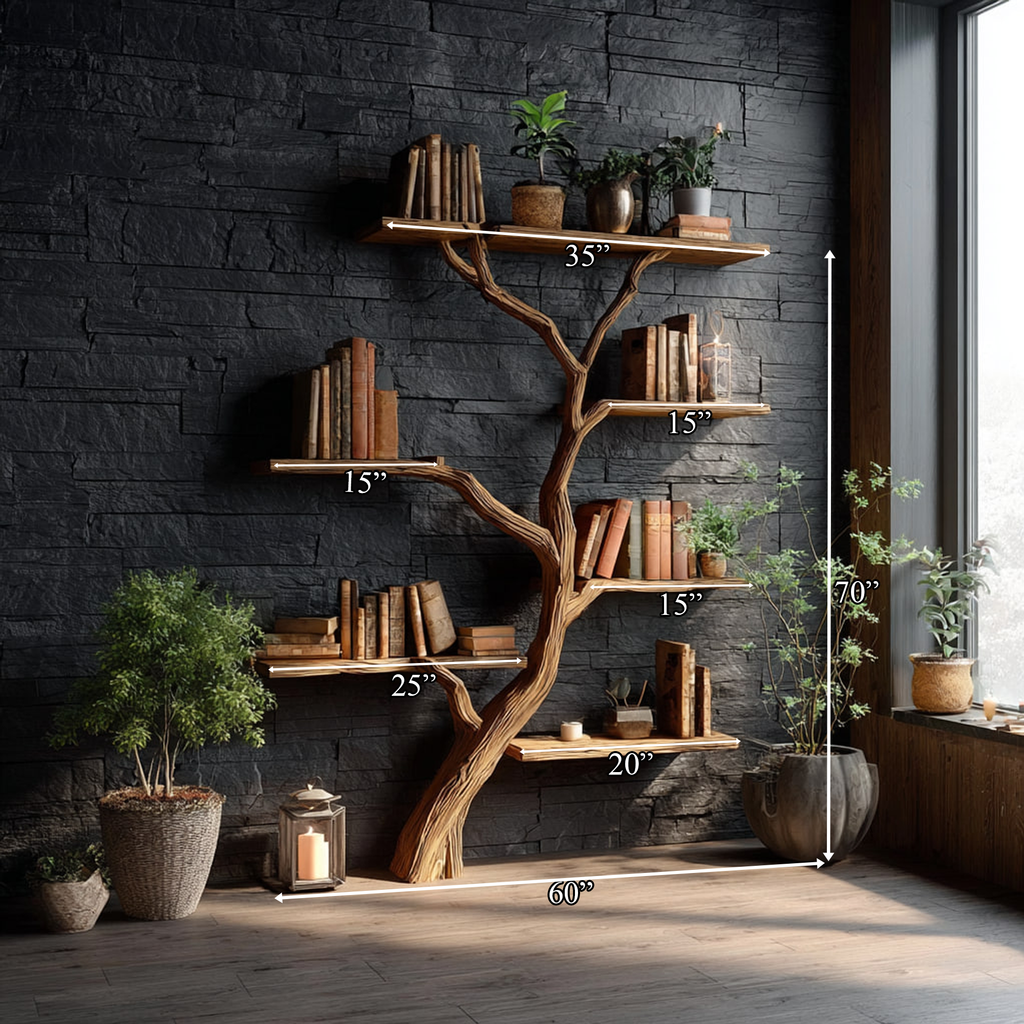 Rustic Tree Bookcase, Solid Wood Wall Mounted Branch Shelf, Creative Floating Bookcase for Kids Reading Nook Decor