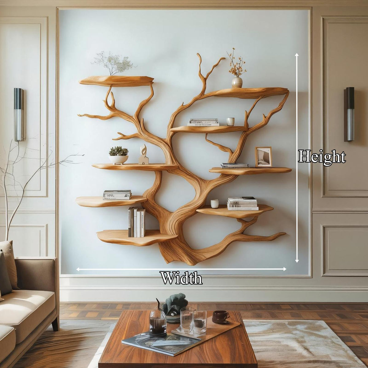 Sculptural Wood Branch Wall Shelf, Solid Wood Floating Shelf Storage Display Organizer for Living Room Art Decor