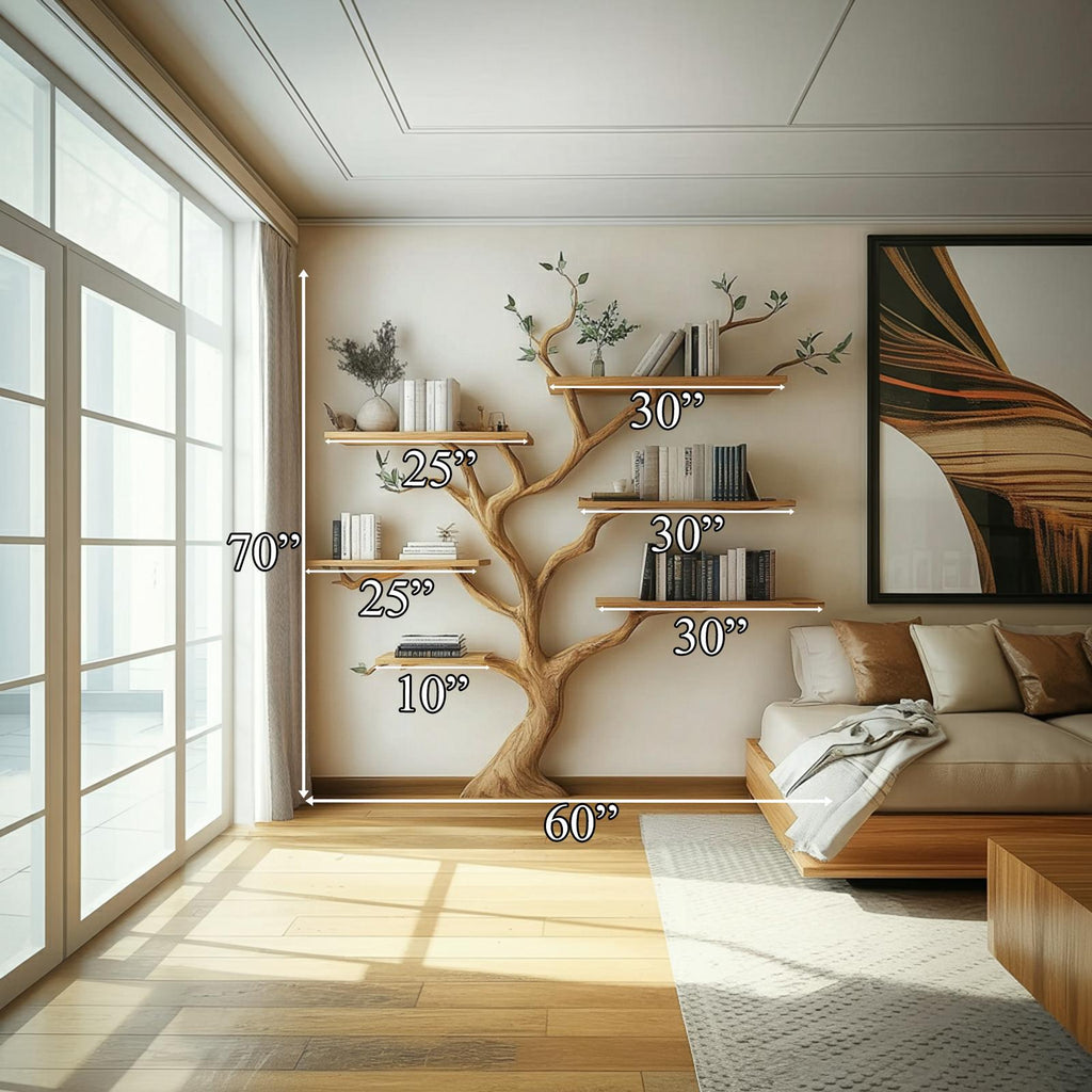 Rustic Nature Inspired Wood Branch Bookshelf, Handcrafted Floating Wall Mounted Bookcase Storage for Bedroom Decor