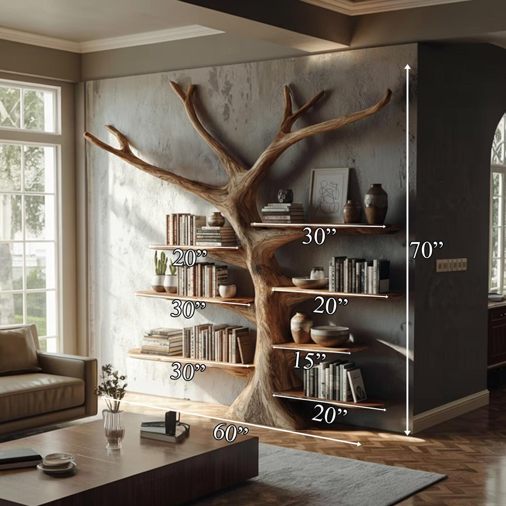 Rustic Tree Wall Mounted Bookshelf, Handcrafted Wood Branch Bookcase Storage, Floating Decorative Library Organizer