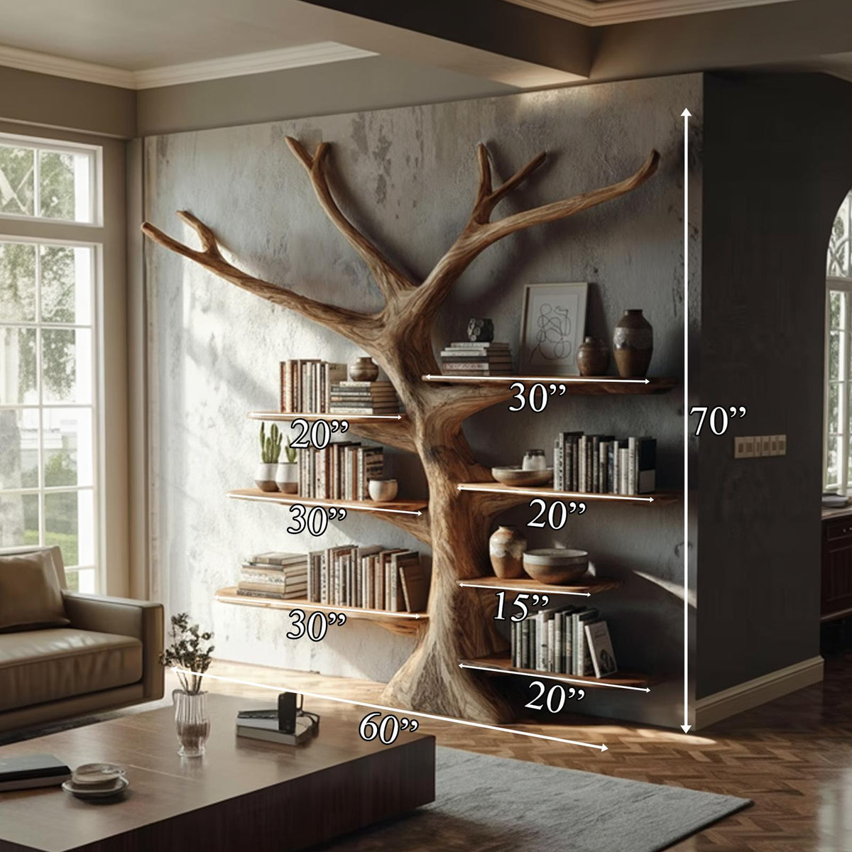 Rustic Tree Wall Mounted Bookshelf, Handcrafted Wood Branch Bookcase Storage, Floating Decorative Library Organizer