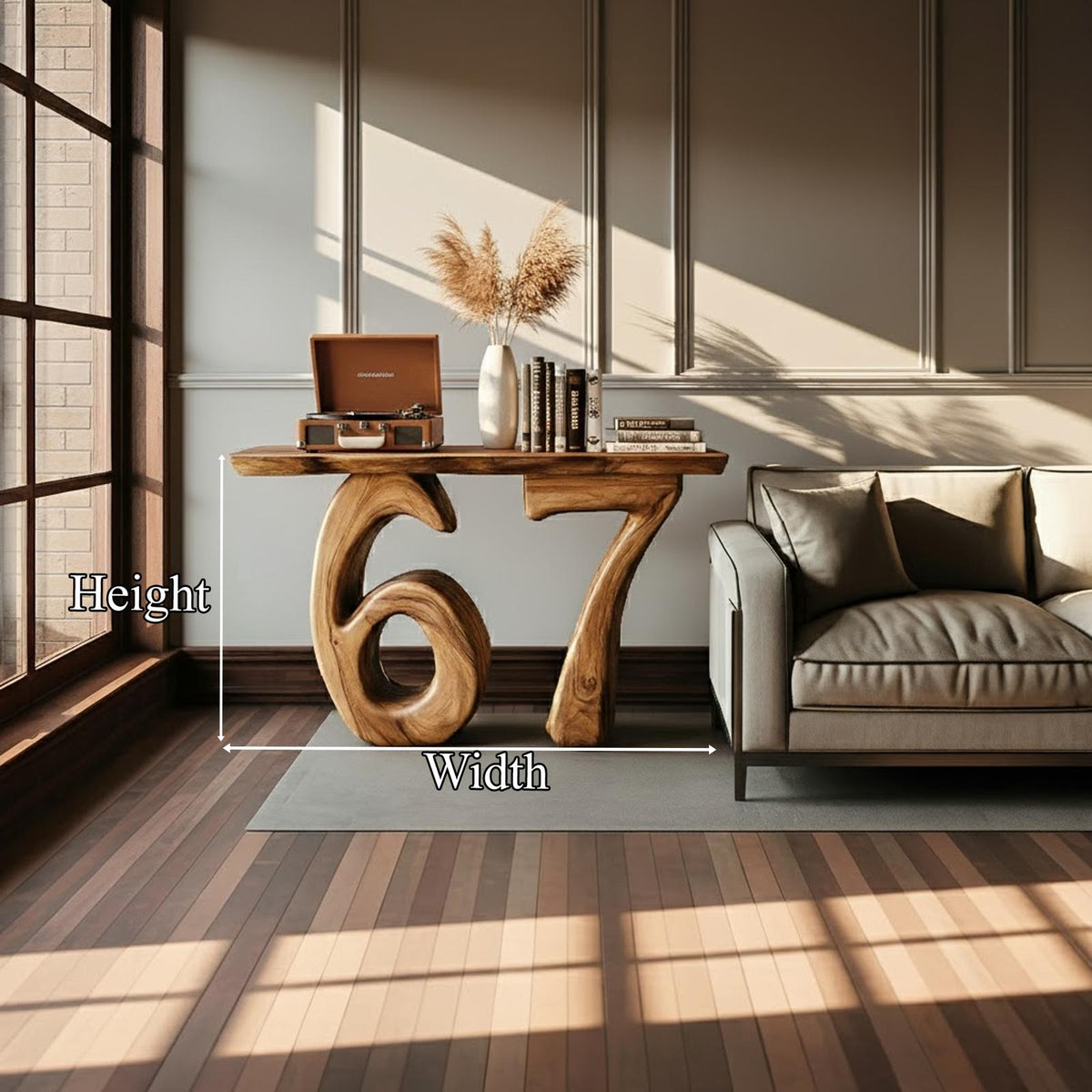 Sculptural Number 67 Wooden Console Table, Modern Abstract Entryway Decor & Living Room Hallway Accent Table