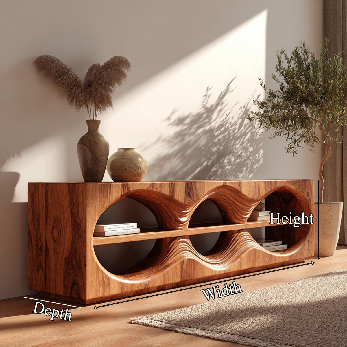 Organic Modern Sculptural Wood Console Table, Abstract Curved Living Room Entryway & Bedroom Accent Credenza
