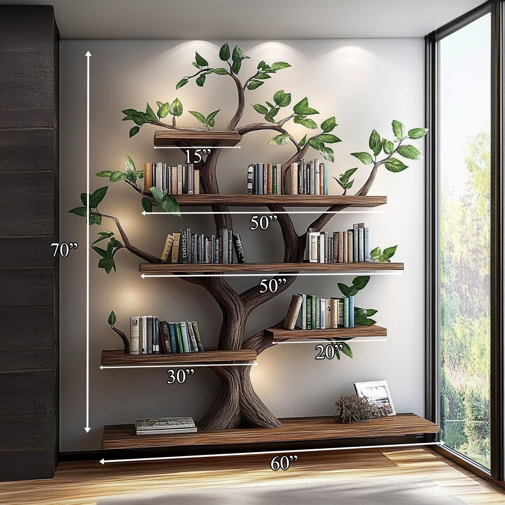 Rustic Organic Tree Bookshelf, Sculptural Solid Wood Branch Wall Display & Book Organizer for Living Room