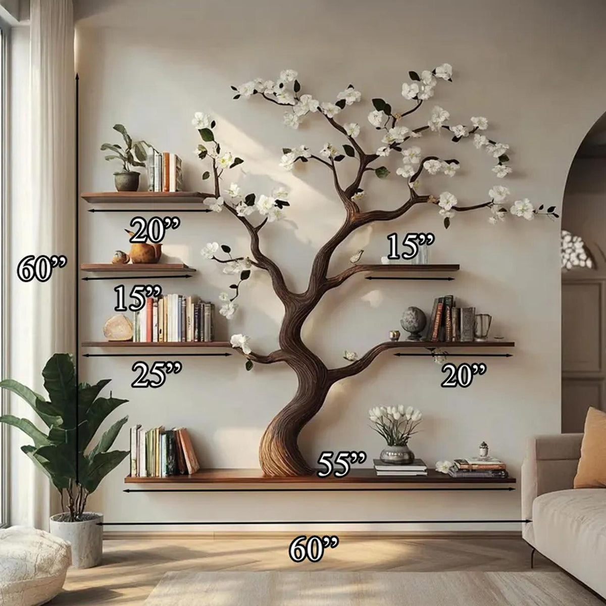 Rustic Natural Tree Branch Wall Bookshelf, Spooky Halloween Floating Bookshelf, Goth Tree Branch Wall Decor