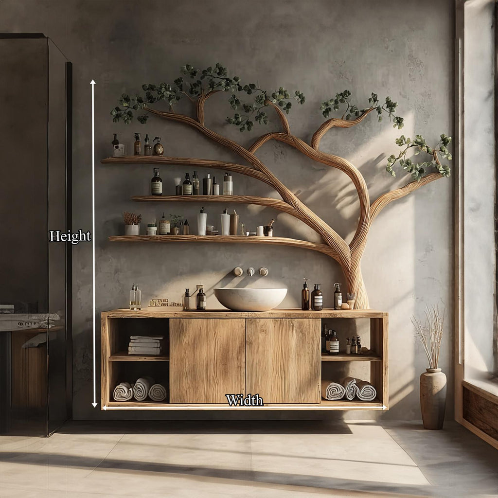 Rustic Organic Tree Branch Wall Mounted Vanity, Live Edge Wood Floating Bathroom Sink Stand, Model