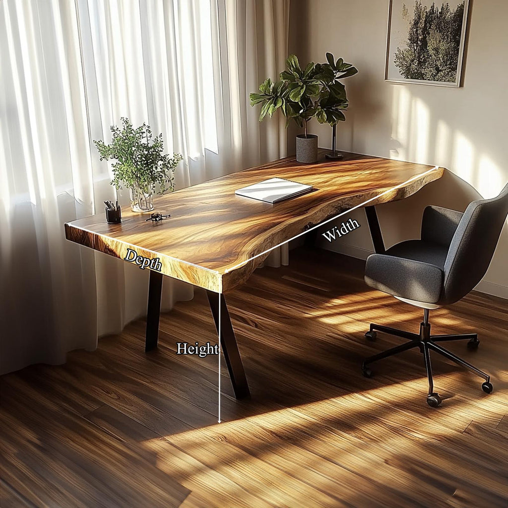 Rustic Live Edge Modern Desk, Solid Wood Computer Writing Table for Living Room & Home Office Study, Steel Legs