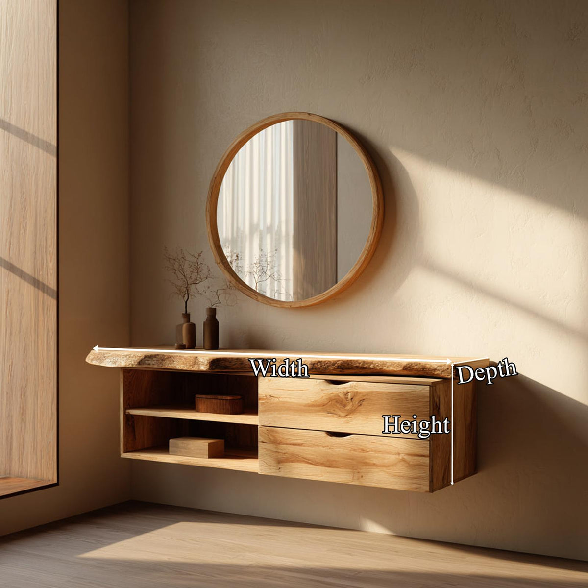 Spry Interior Floating Bathroom Vanity Shelf, Rustic Natural Grain Solid Wood Single Washstand, Wall Mount Farmhouse Bathroom Storage SINLKIBRV235