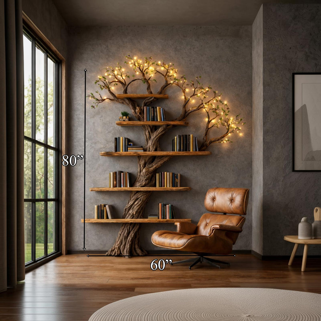 Sculptural Tree Bookshelf, Handcrafted Solid Wood Branch Wall Floating Bookcase Art Furniture for Living Room