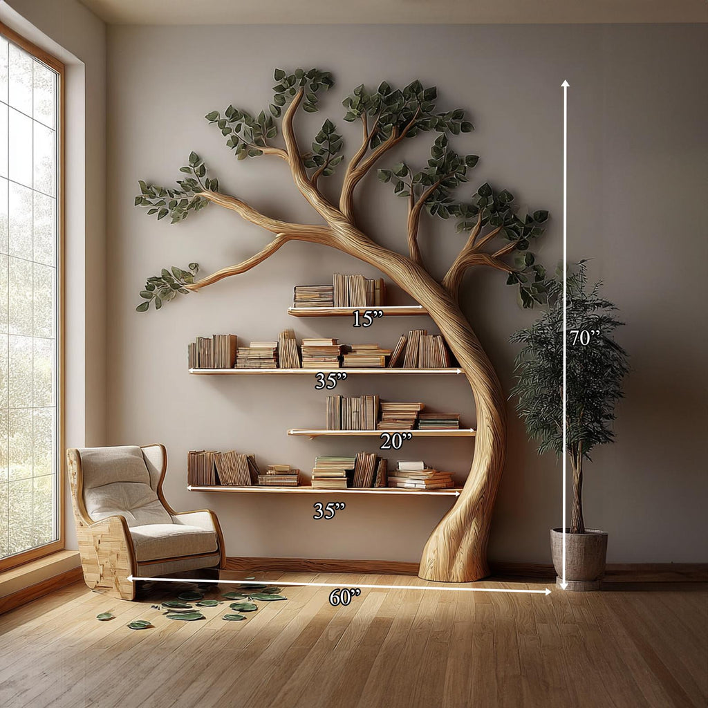Rustic Branch Bookshelf, Solid Wood Wall Mounted Bookcase & Artistic Hanging Storage Unit for Living Room or Bedroom