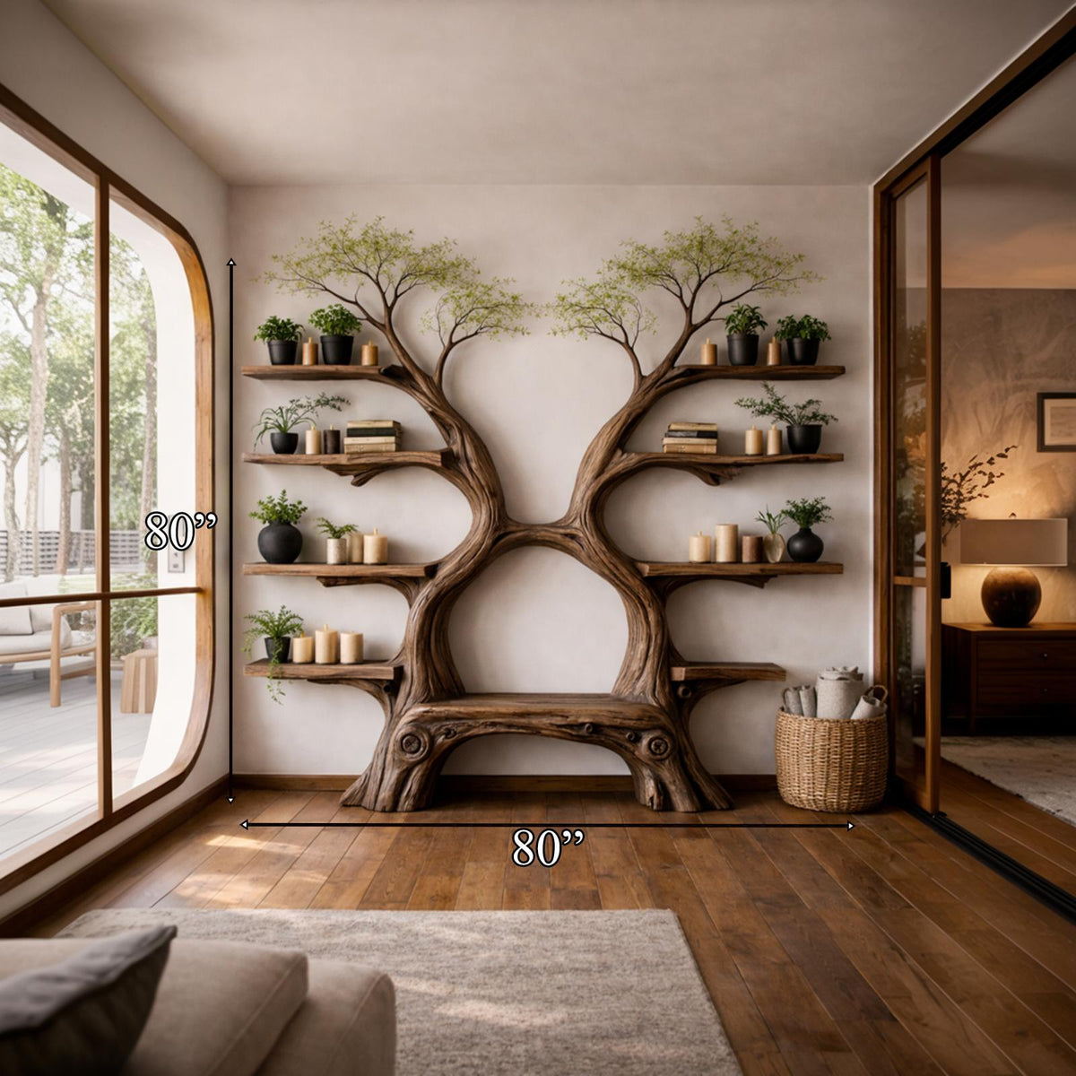 Rustic Artistic Twin Tree Bookshelf With Bench Living Room Interior Centerpiece