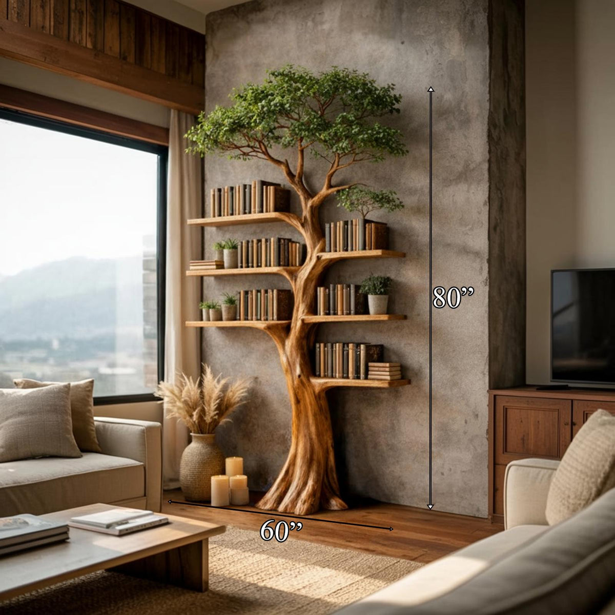 Rustic Artistic Tree Bookshelf, Freestanding Wood Branch Bookcase and Storage Rack for Modern Living Room