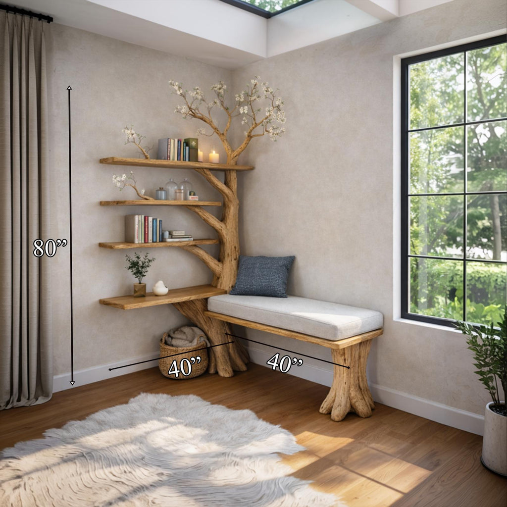 Rustic Artistic Tree Bookshelf with Integrated Bench Seating, Wood Branch Display Unit for Living Room Foyer