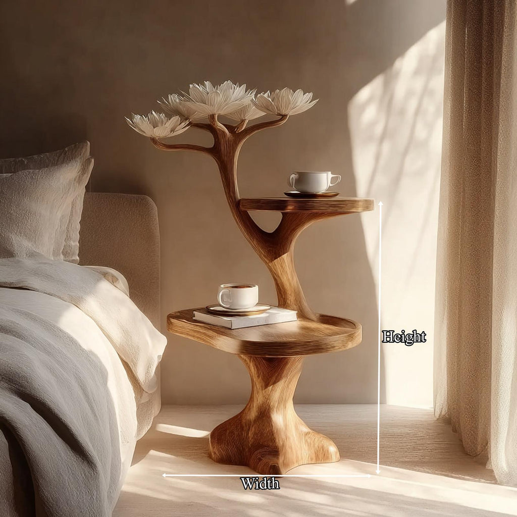 Rustic Wood Sculptural Bedside Table, Modern Bedroom Nightstand & Space Saving Corner Accent End Table