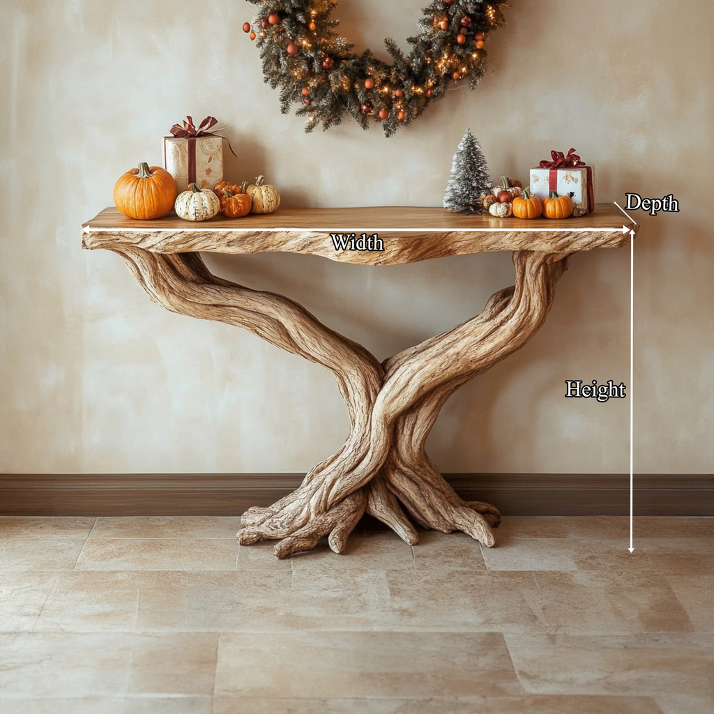 Rustic Console Table, Handcrafted Solid Wood Tree Root Base, Live Edge Entryway & Foyer Accent Display Table