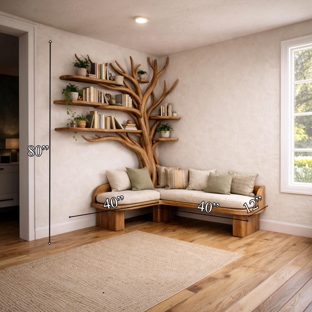 Spry Interior Rustic Sculptural Tree Bookshelf with Corner Bench, Wood Branch Shelf with Integrated Entryway & Foyer Seating, SINLKITB654