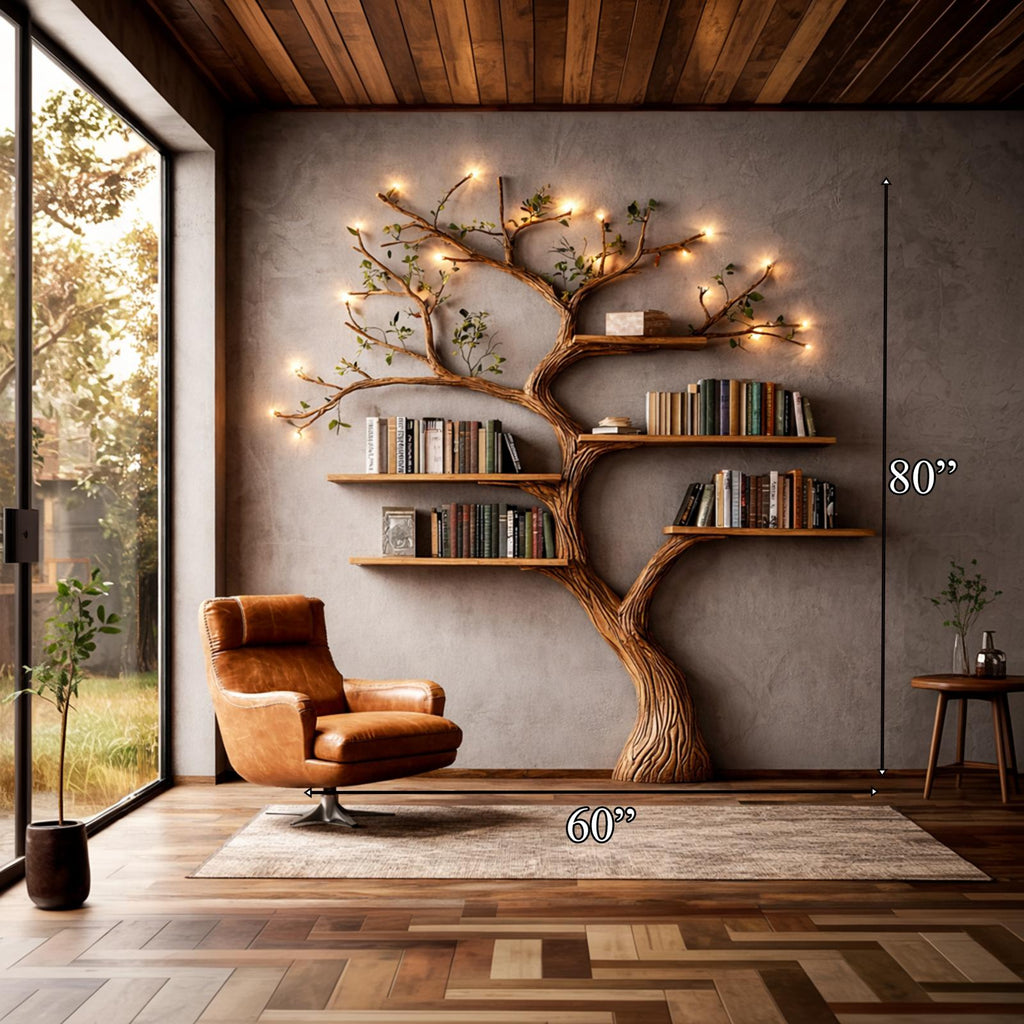 Organic Modern Wall Mounted Tree Bookshelf, Handcrafted Solid Wood Floating Branch Bookcase for Living Room
