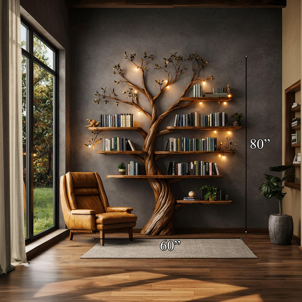 Rustic Nature-Inspired Tree Display Bookcase, Freestanding Wood Branch Organizer Shelf for Living Room Decor