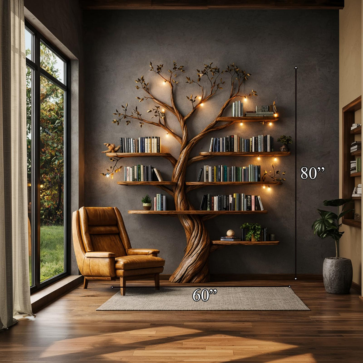Rustic Nature-Inspired Tree Display Bookcase, Freestanding Wood Branch Organizer Shelf for Living Room Decor