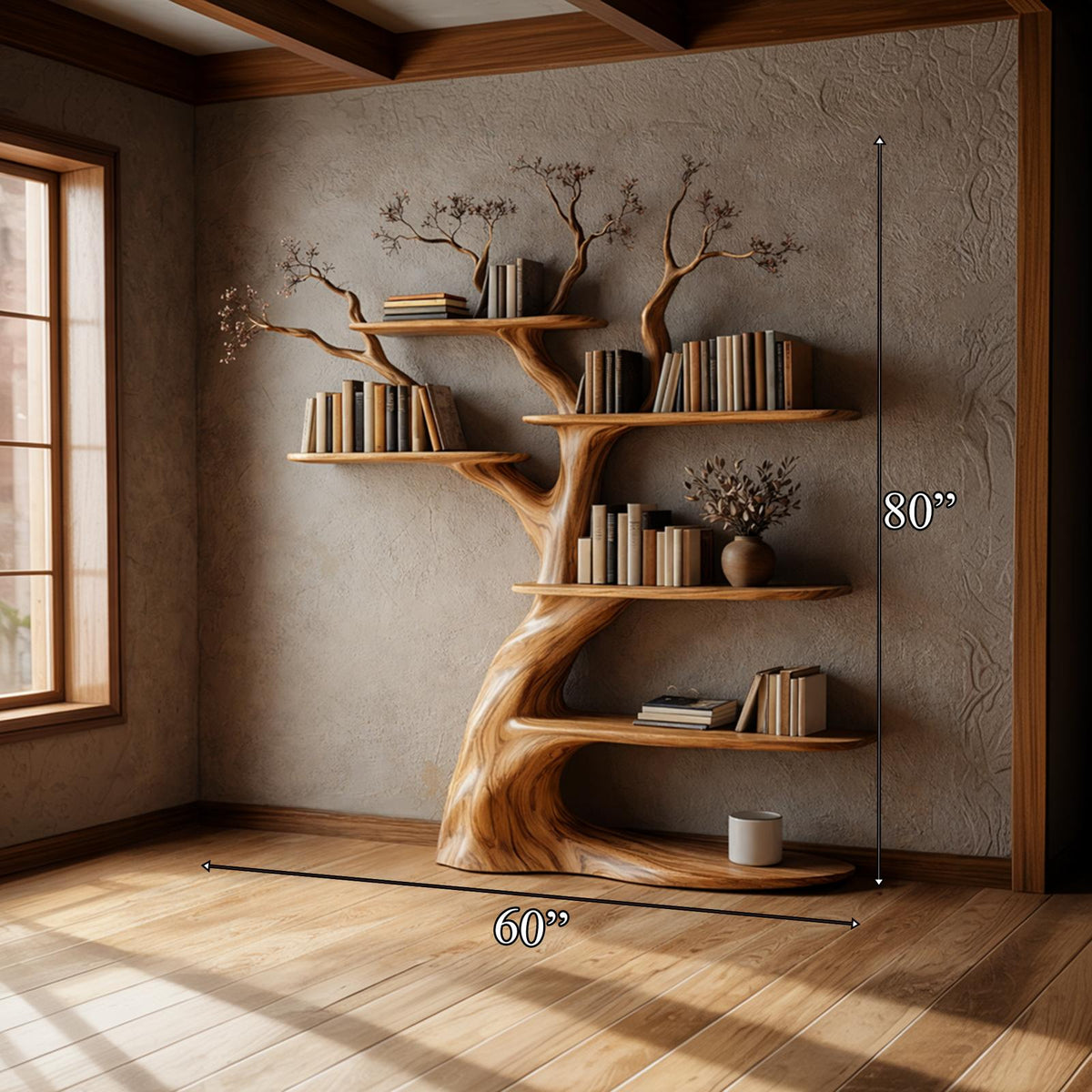 Artisan Tree Inspired Wood Bookshelf, Handcrafted Floating Branch Wall Mounted Bookcase Storage for Home Office