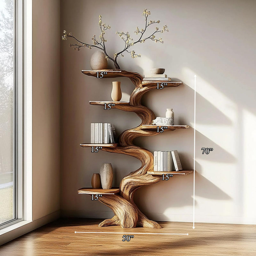 Rustic Tree Inspired Wooden Wall Shelf, Floating Branch Bookshelf & Storage Organizer Rack for Home Office Decor