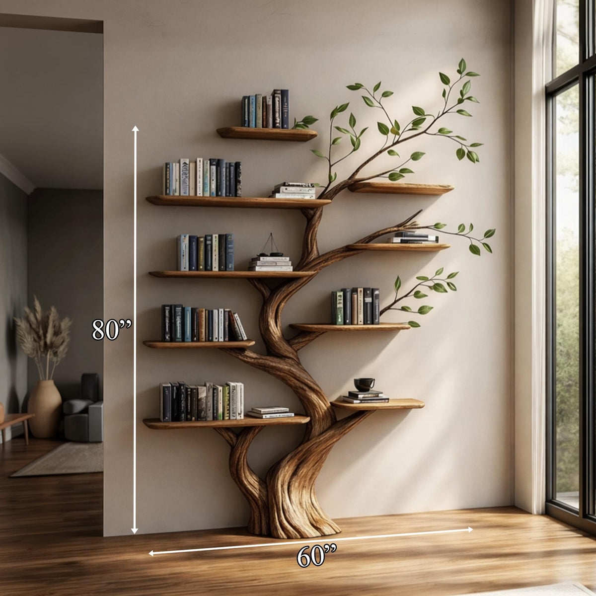 Rustic Wood Tree Bookcase, Handcrafted Floating Branch Wall Mounted Bookcase Display Organizer for Living Room