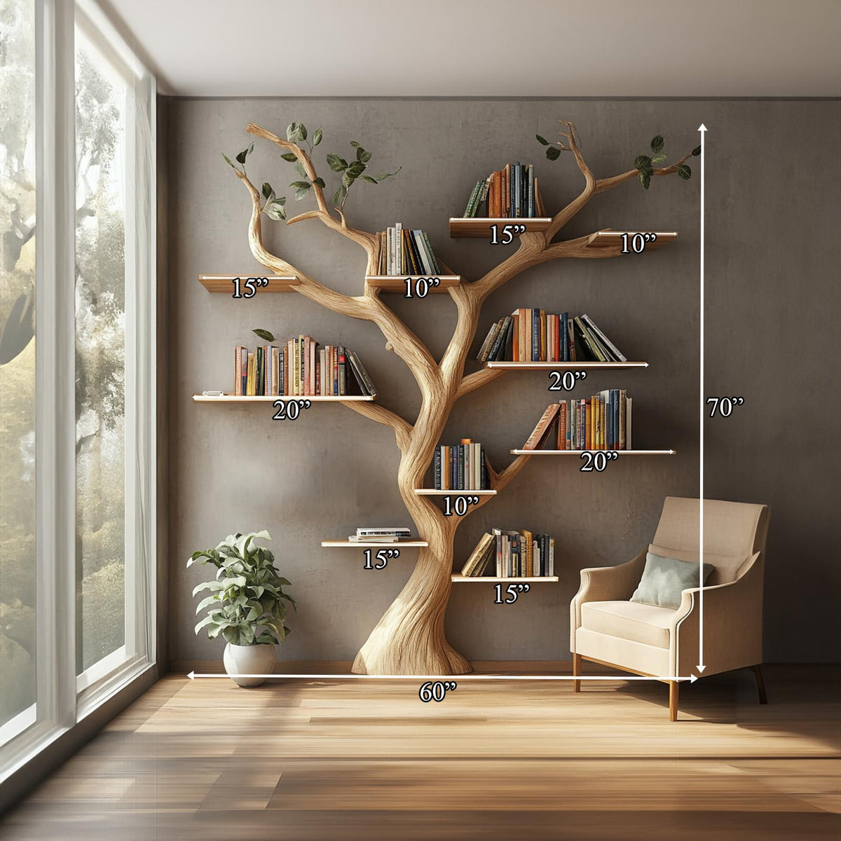 Rustic Solid Wood Wall Shelf, Large Decorative Tree Branch Floating Organizer & Bookcase for Living Room Wall Storage