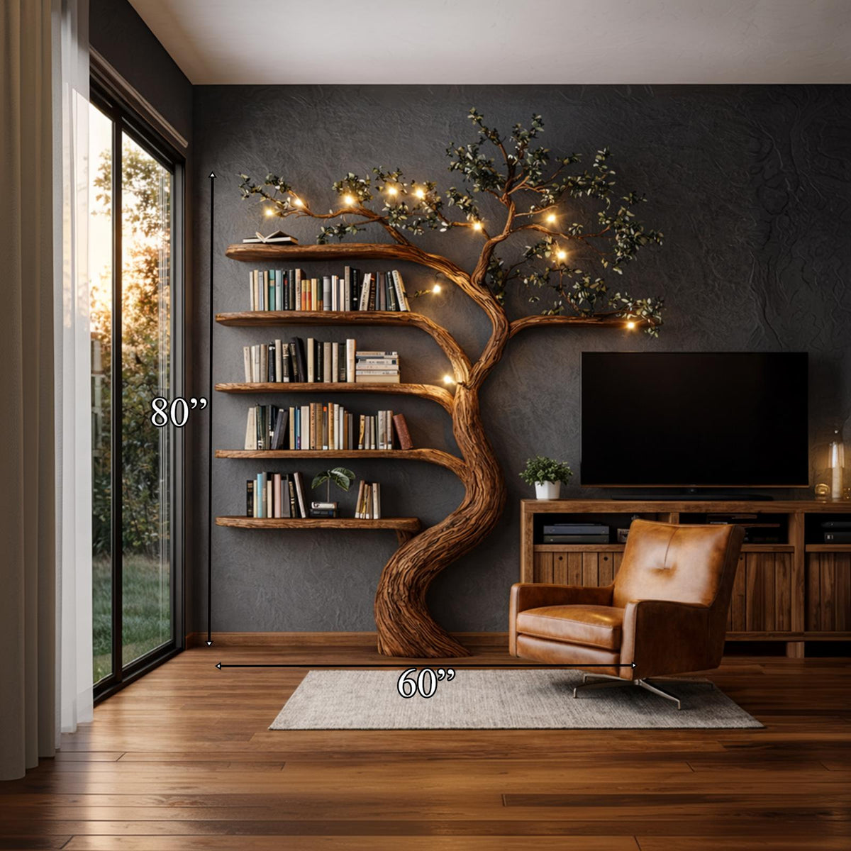 Rustic Hand Carved Tree Bookshelf Artistic Storage For Living Room