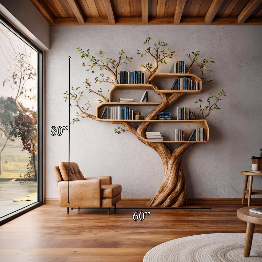 Modern Organic Tree Bookshelf, Handcrafted Solid Wood Contemporary Sculptural Floating Wall Bookcase Storage