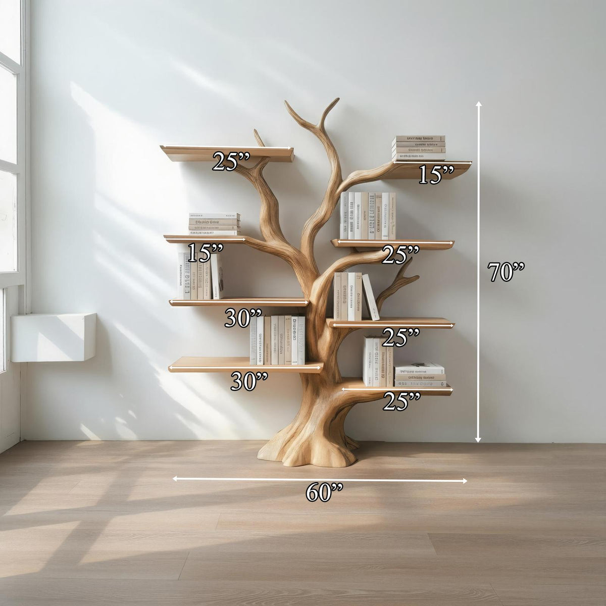Rustic Organic Tree Branch Shelf, Solid Wood Wall Mounted Bookshelf & Artistic Display Organizer for Entryway, Hallway