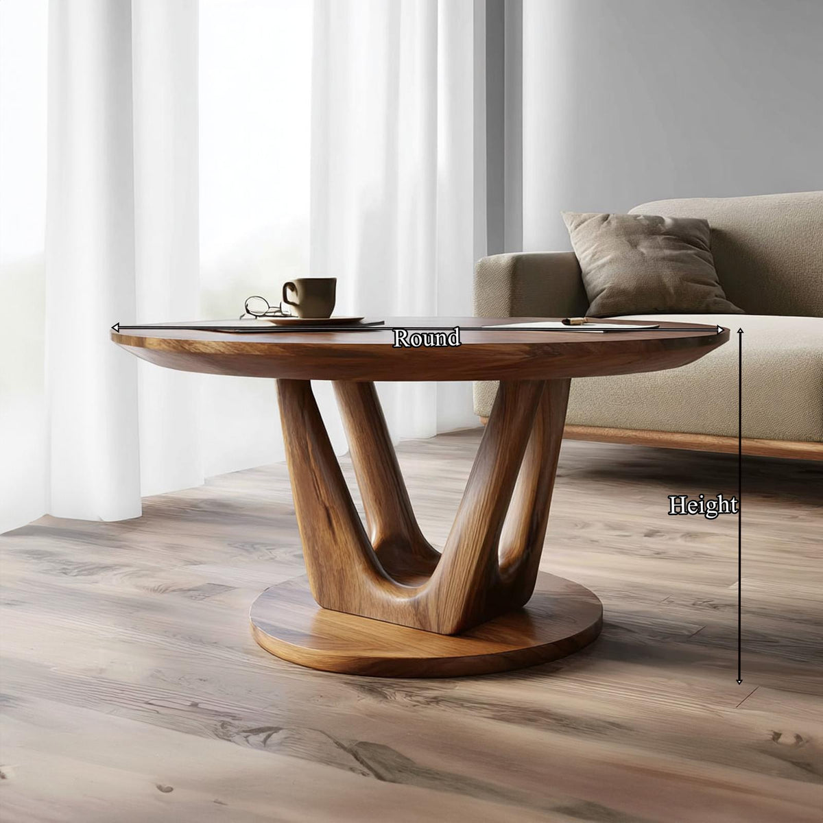 Contemporary Round Coffee Table, Mid-Century Modern Solid Wood Sculptural Centerpiece Table for Living Room, Lounge