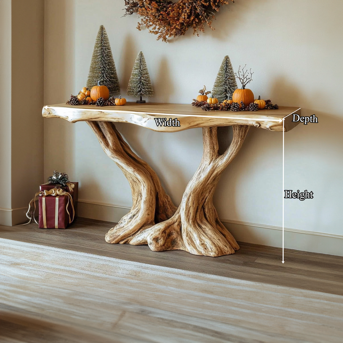 Mid Century Modern Console Table, Handcrafted Solid Wood Tree Root Base, Natural Live Edge Entryway Table