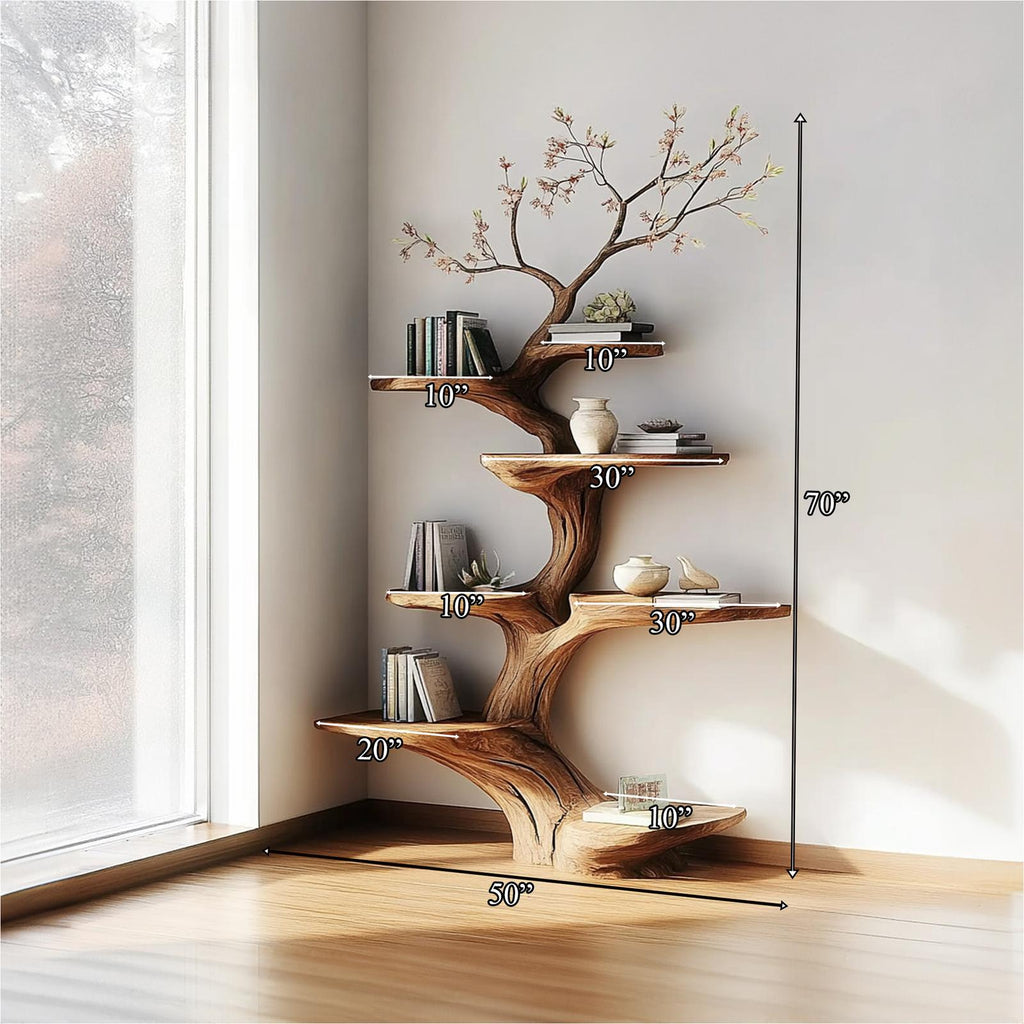 Rustic Statement Tree Shaped Shelf, Handcrafted Wood Branch Bookshelf & Artistic Wall Display for Living Room
