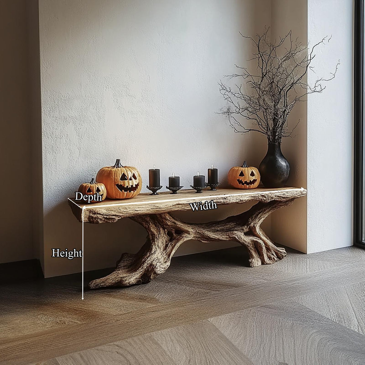 Rustic Entryway Table, Sculptural Solid Wood Tree Base, Handcrafted Live Edge Foyer Console Display Table