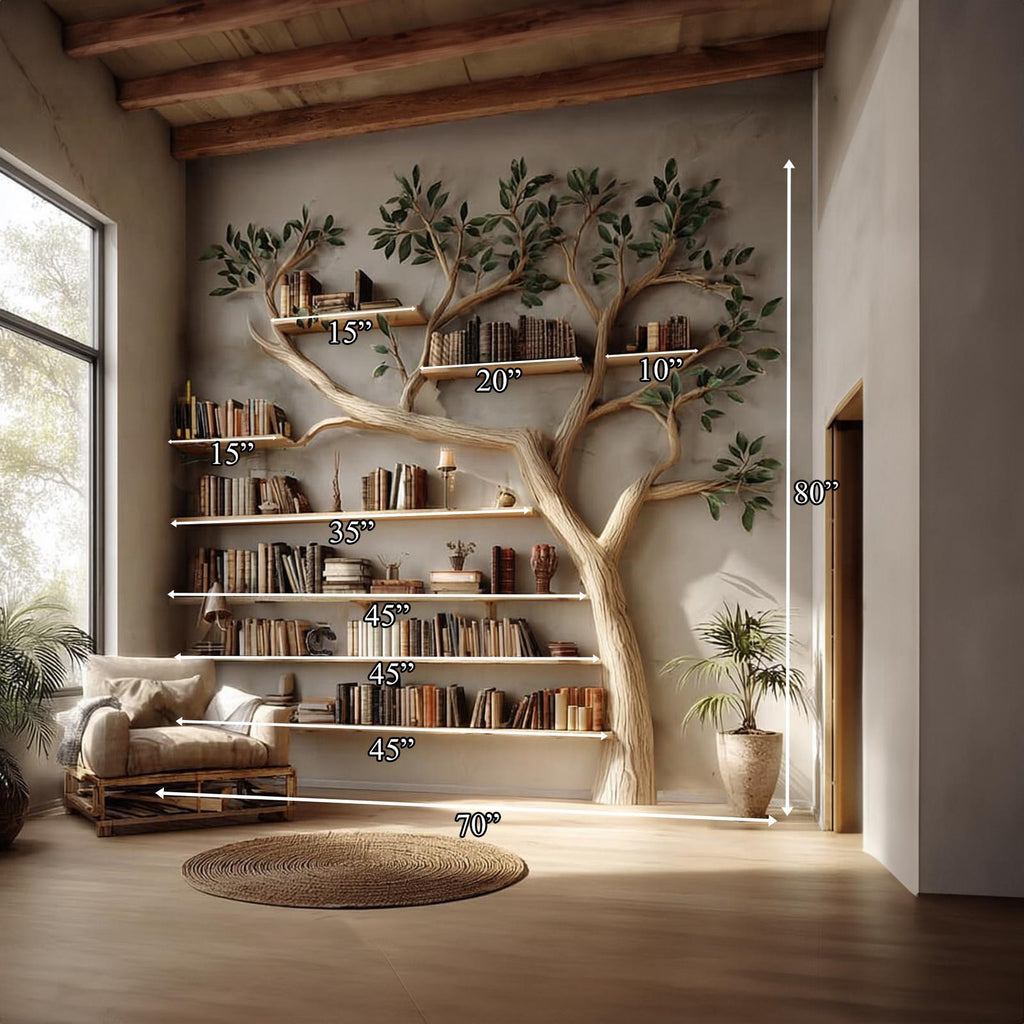 Rustic Tree Bookshelf, Handcrafted Solid Wood Wall Mounted Bookcase & Modern Organizer for Study Room & Living Room Decor